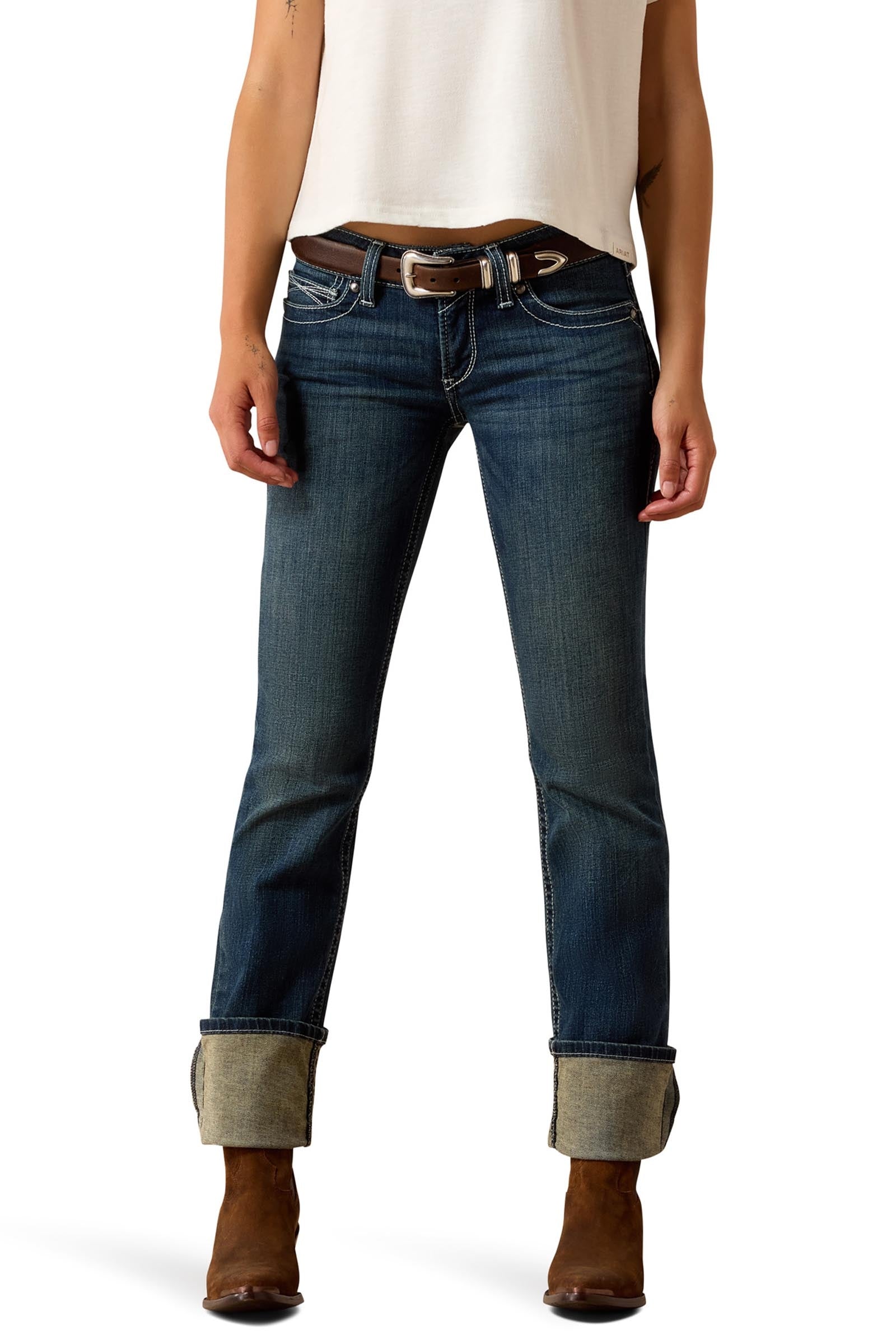 Ariat R.E.A.L. Mid Rise Stretch Icon Stackable Straight Leg Damskie elastyczne dżinsy o prostych nogawkach ze średnim stanem Womens Breeches